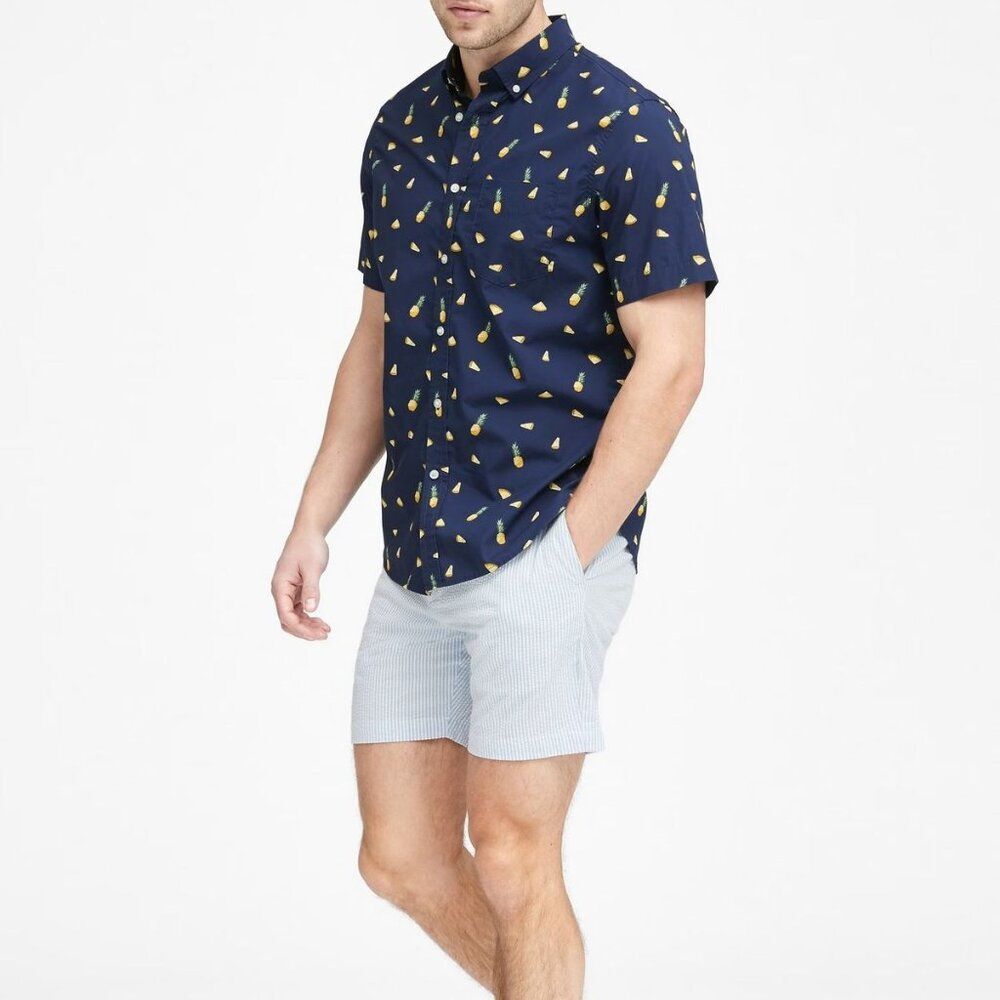 Banana Republic Men's Slim-Fit Luxe Poplin Print Shirt Pineapple Print Size XL